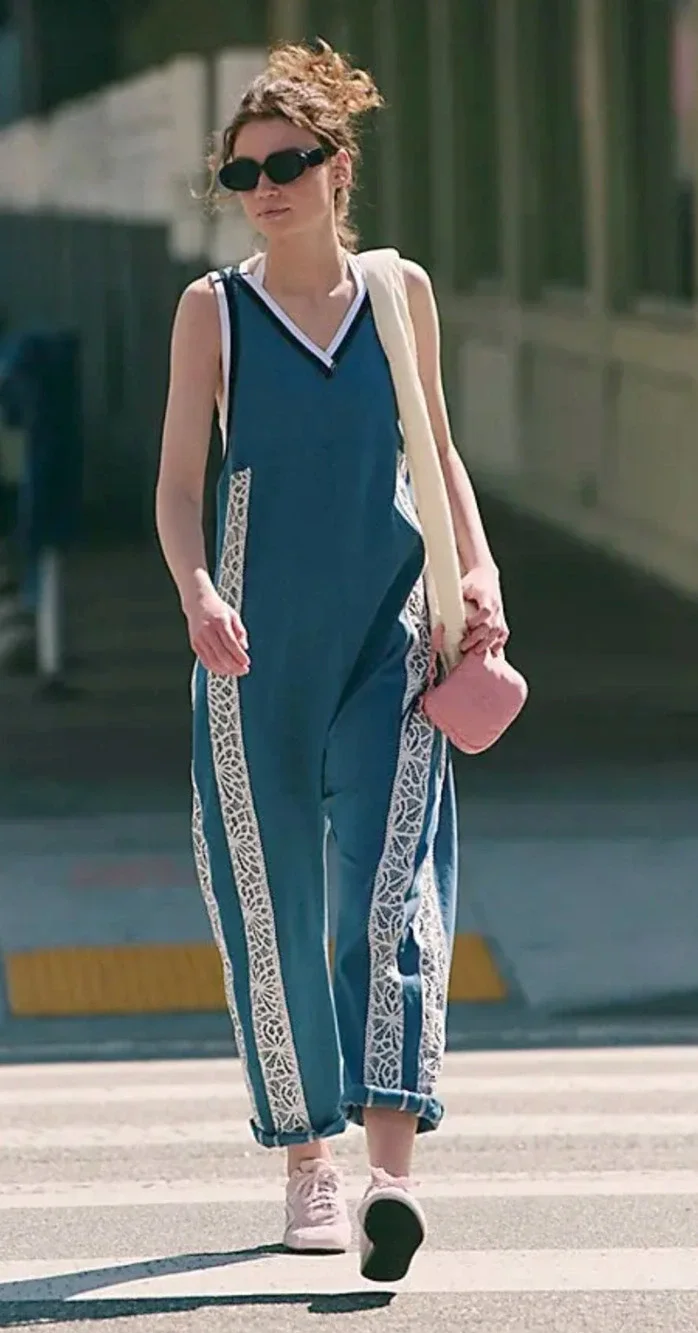 FREE PEOPLE FP MOVEMENT SKYLINE BLUE WHITE LACE DAY TRIP ONE PIECE JUMPSUIT XS